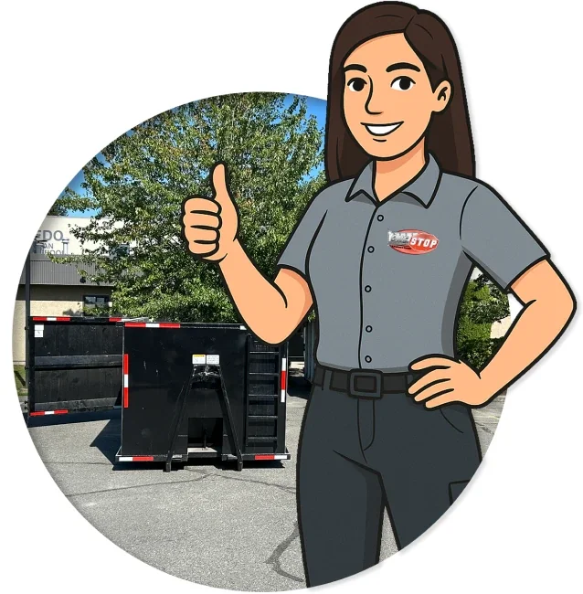 Onestop crew member giving a thumbs up in front of dumpster bins