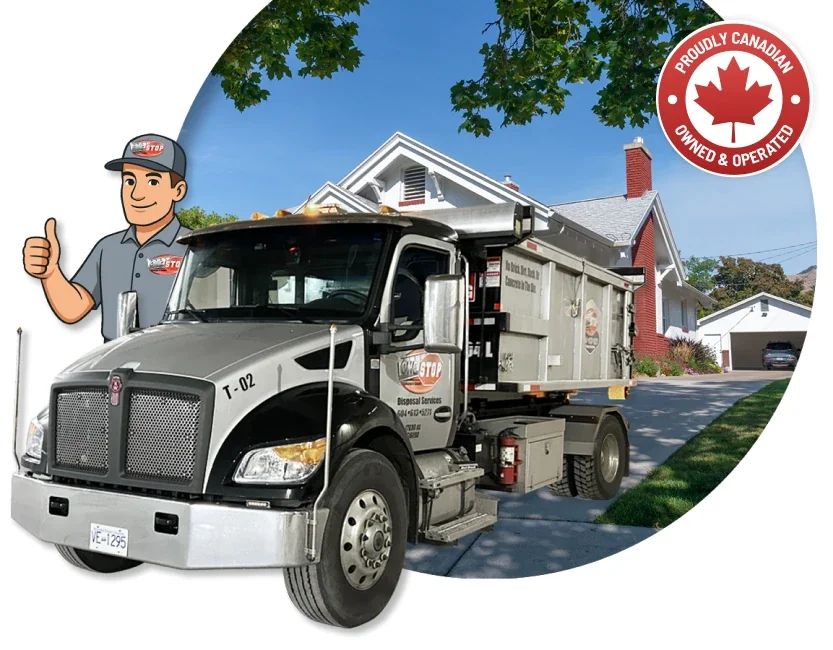 Onestop Disposal truck delivering a dumpster bin at a home