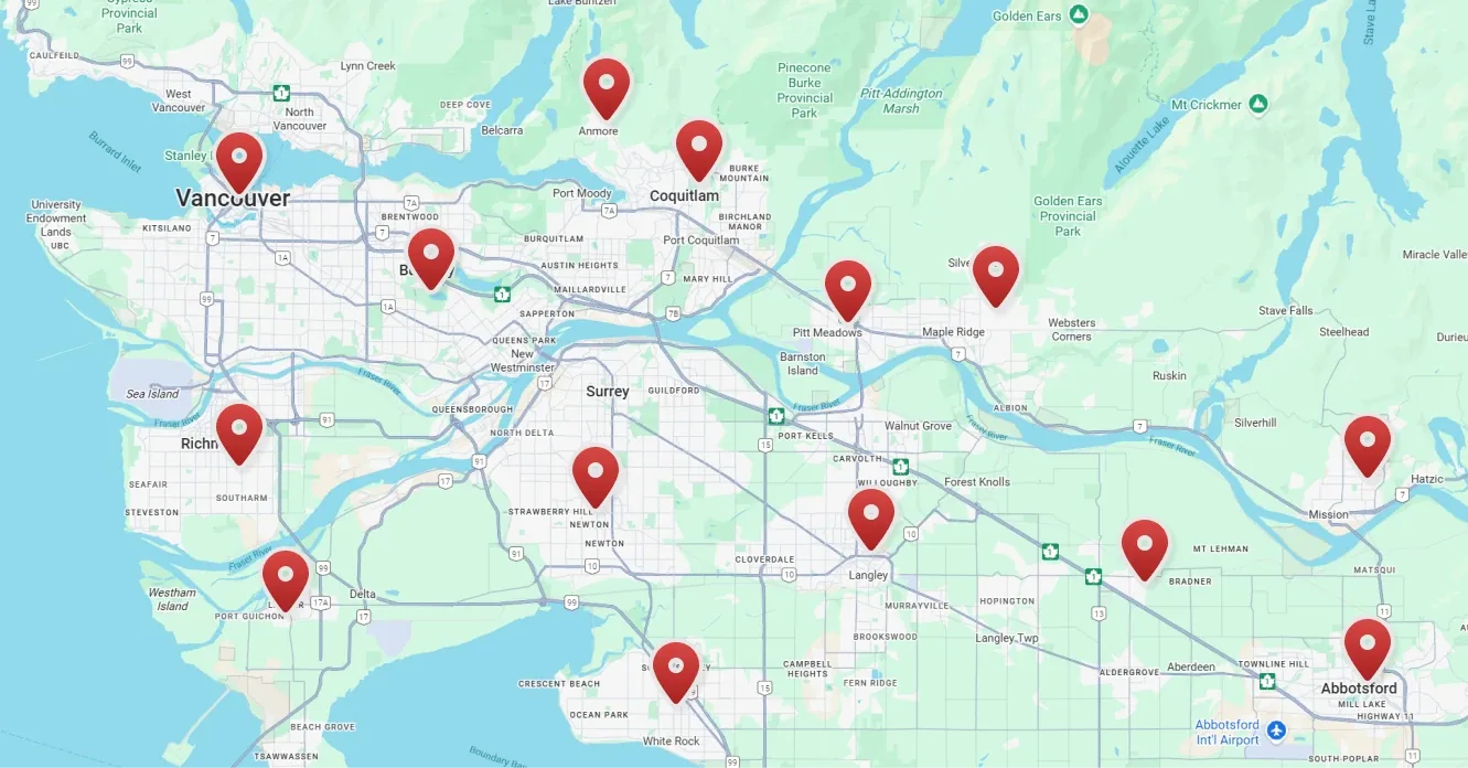 Map of Onestop Bin Rental service areas from Vancouver to Abbotsford