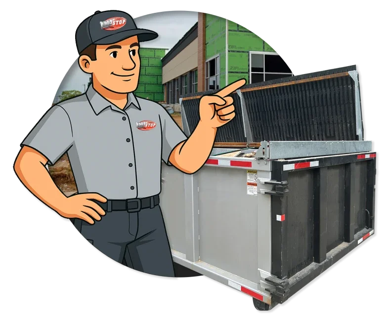 Onestop crew member pointing at an open dumpster bin